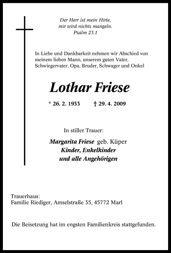 Traueranzeige von Lothar Friese von Tageszeitung