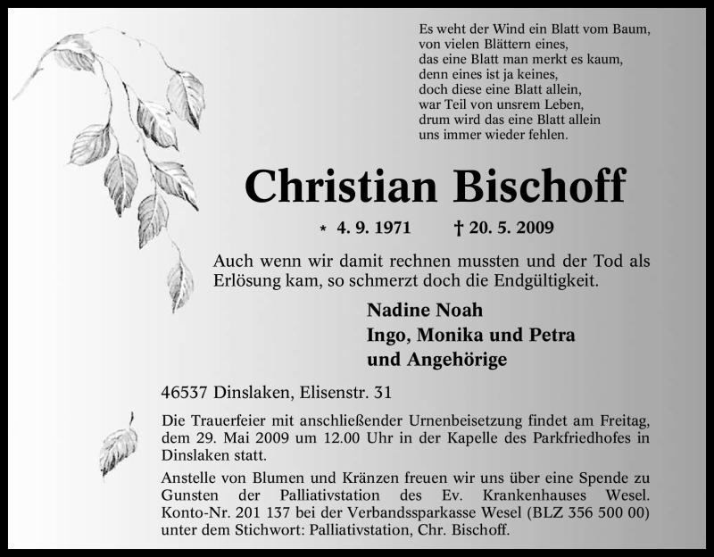  Traueranzeige für Christian Bischoff vom 23.05.2009 aus Tageszeitung