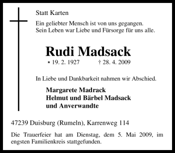 Traueranzeige von Rudi Madsack von Tageszeitung