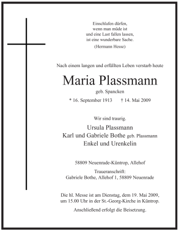 Traueranzeige von Maria Plassmann von Tageszeitung