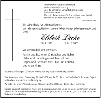 Traueranzeige von Elsbeth Lücke von Tageszeitung