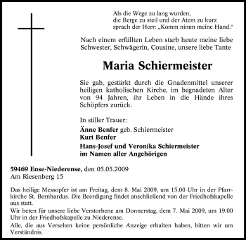 Traueranzeige von Maria Schiermeister von Tageszeitung
