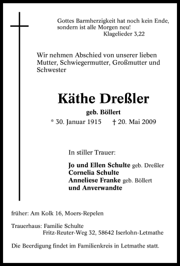 Traueranzeige von Käthe Dreßler von Tageszeitung