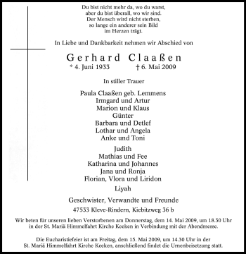Traueranzeige von Gerhard Claaßen von Tageszeitung