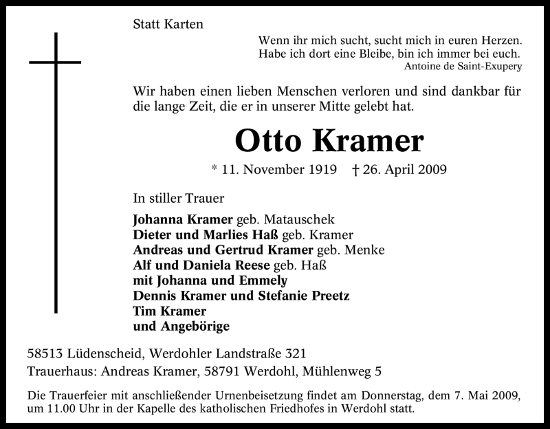  Traueranzeige für Otto Kramer vom 05.05.2009 aus Tageszeitung