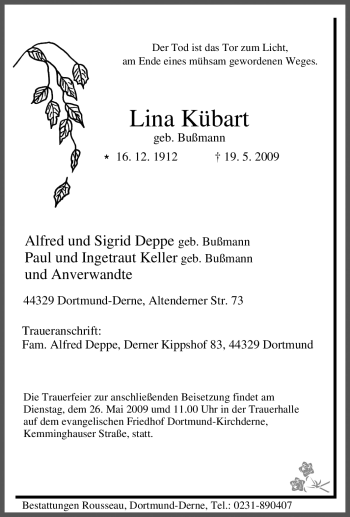 Traueranzeige von Lina Kübart von Tageszeitung