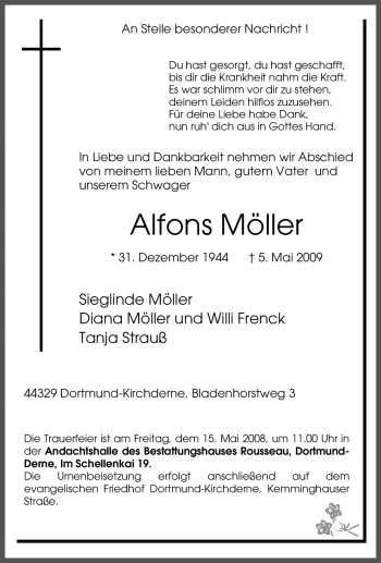Traueranzeige von Alfons Möller von Tageszeitung
