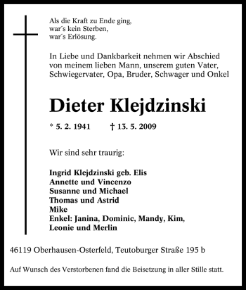 Traueranzeige von Dieter Klejdzinski von Tageszeitung