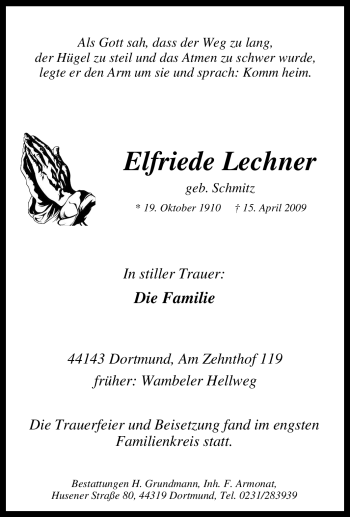 Traueranzeige von Elfriede Lechner von Tageszeitung