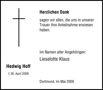 Traueranzeige von Hedwig Hoff von Tageszeitung