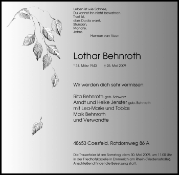Traueranzeige von Lothar Behnroth von Tageszeitung