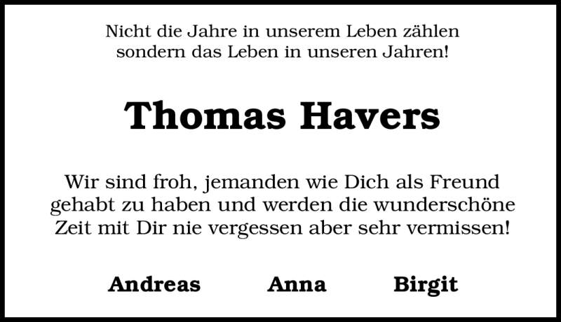 Traueranzeigen von Thomas Havers TrauerinNRW.de