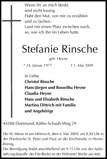 Traueranzeige von Stefanie Rinsche von Tageszeitung