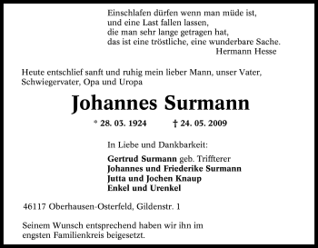 Traueranzeige von Johannes Surmann von Tageszeitung
