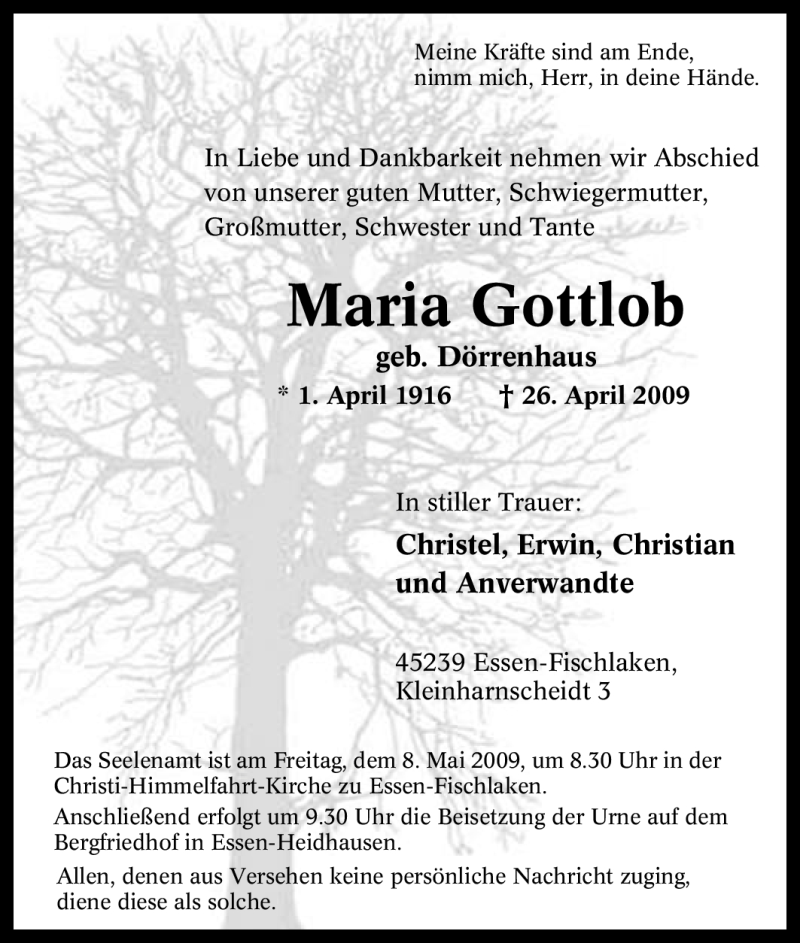 Traueranzeigen von Maria Gottlob TrauerinNRW.de