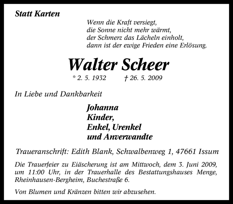  Traueranzeige für Walter Scheer vom 28.05.2009 aus Tageszeitung