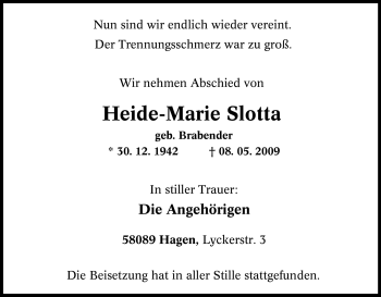 Traueranzeige von Heide-Marie Slotta von Tageszeitung