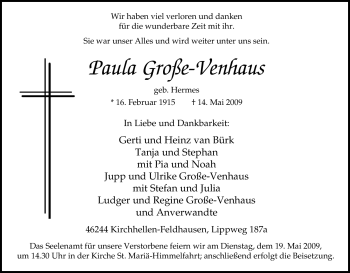 Traueranzeige von Paula Große-Venhaus von Tageszeitung