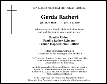 Traueranzeige von Gerda Rathert von Tageszeitung
