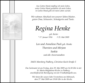 Traueranzeige von Regina Henke von Tageszeitung