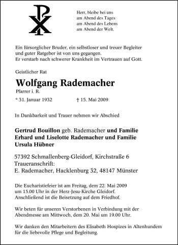 Traueranzeige von Wolfgang Rademacher von Tageszeitung