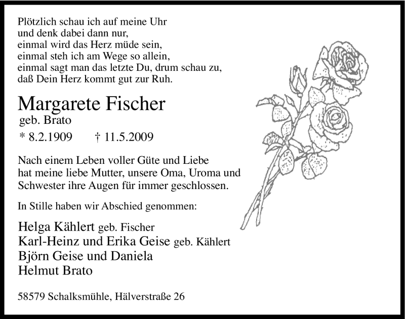  Traueranzeige für Margarete Fischer vom 19.05.2009 aus Tageszeitung