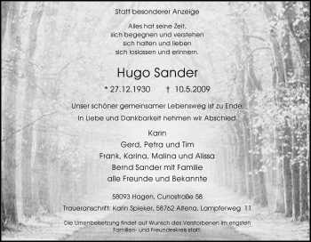Traueranzeige von Hugo Sander von Tageszeitung