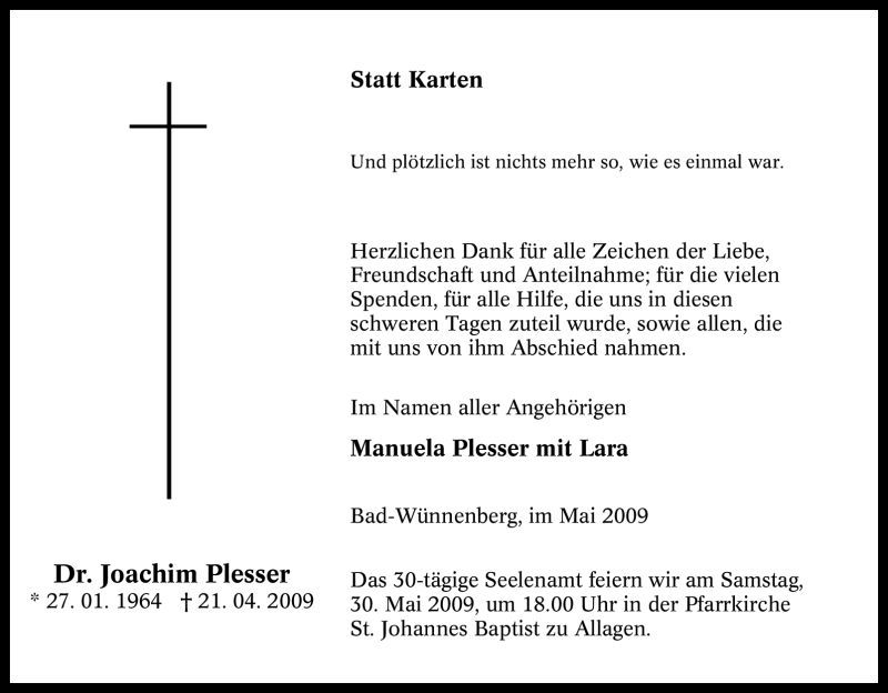  Traueranzeige für Joachim Plesser vom 25.05.2009 aus Tageszeitung