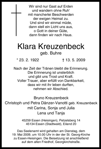 Traueranzeige von Klara Kreuzenbeck von Tageszeitung