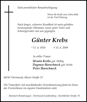 Traueranzeige von Günter Krebs von Tageszeitung