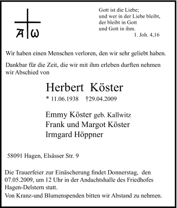 Traueranzeige von Herbert Köster von Tageszeitung