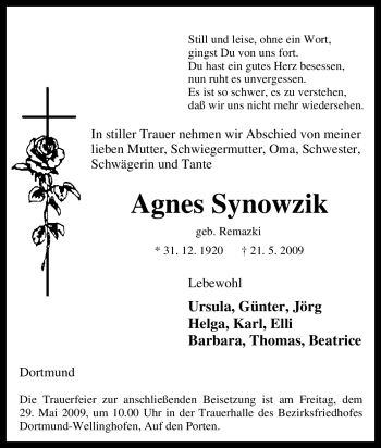 Traueranzeige von Agnes Synowzik von Tageszeitung