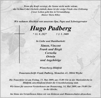 Traueranzeige von Hugo Padberg von Tageszeitung