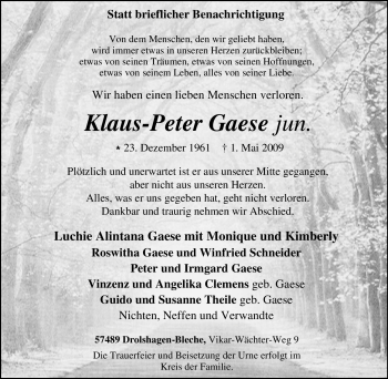 Traueranzeige von Klaus-Peter Gaese jun. von Tageszeitung