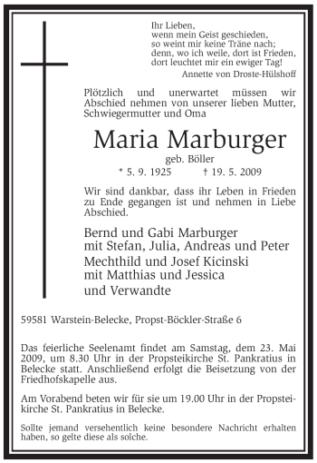 Traueranzeige von Maria Marburger von Tageszeitung