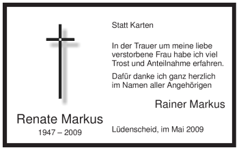Traueranzeige von Renate Markus von Tageszeitung