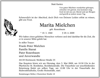 Traueranzeige von Marita Mielchen von Tageszeitung