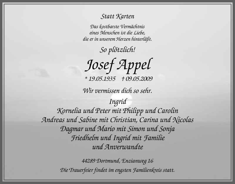  Traueranzeige für Josef Appel vom 12.05.2009 aus Tageszeitung