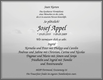 Traueranzeige von Josef Appel von Tageszeitung