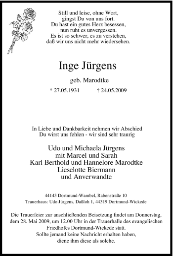 Traueranzeige von Inge Jürgens von Tageszeitung