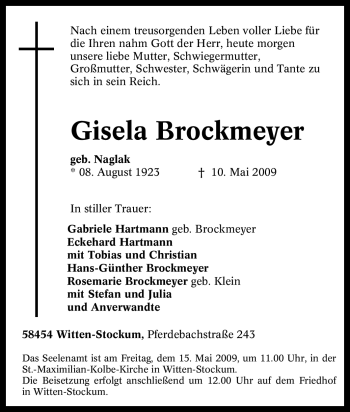 Traueranzeige von Gisela Brockmeyer von Tageszeitung