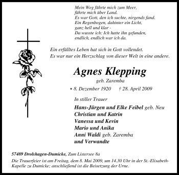 Traueranzeige von Agnes Klepping von Tageszeitung