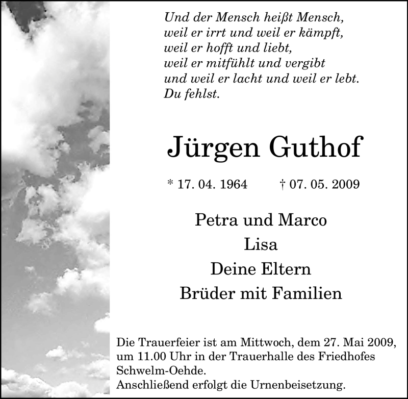  Traueranzeige für Jürgen Guthof vom 25.05.2009 aus Tageszeitung