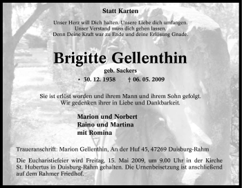 Traueranzeige von Brigitte Gellenthin von Tageszeitung