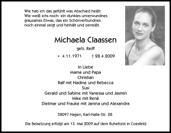 Traueranzeige von Michaela Claassen von Tageszeitung