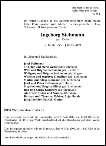 Traueranzeige von Ingeborg Stehmann von Tageszeitung
