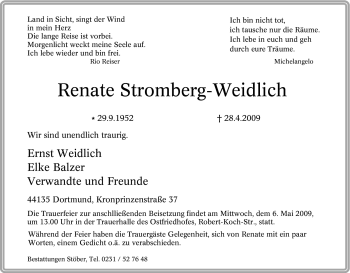Traueranzeige von Renate Stromberg-Weidlich von Tageszeitung