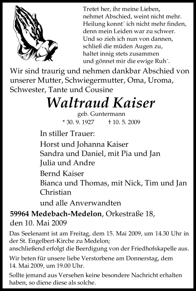  Traueranzeige für Waltraud Kaiser vom 12.05.2009 aus Tageszeitung