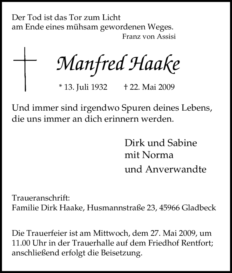 Traueranzeigen von Manfred Haake TrauerinNRW.de