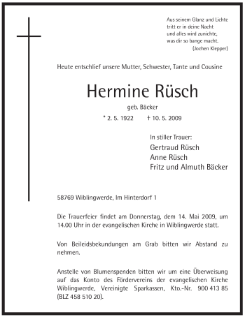 Traueranzeige von Hermine Rüsch von Tageszeitung